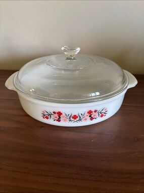 Fire King Primrose round casserole dish. 8" and 2" high